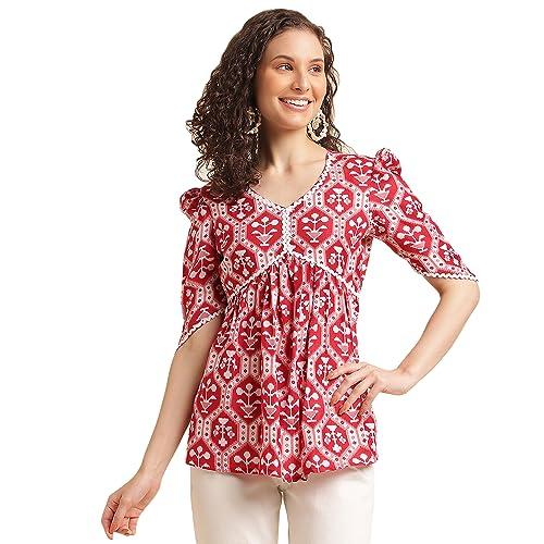 nainvish women's cotton blend printed straight v-neck top (sd511_t-m_red)