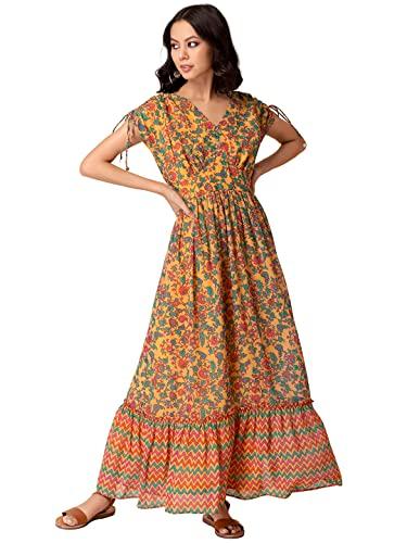 indya women's georgette mustard kalamkari printed tiered maxi dress ethnic dresses (itn04353_yellow_xs)