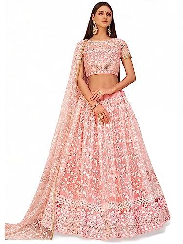 zeel clothing women's chikankari zari embroidered net lehenga choli with dupatta (2103-pink-wedding-bridal-latest-new; free size)