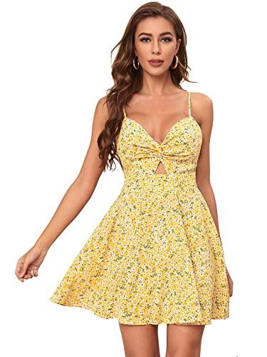 aahwan yellow twist peekaboo front tie back daisy floral print mini dress for women's & girls' (196-yellow-l)