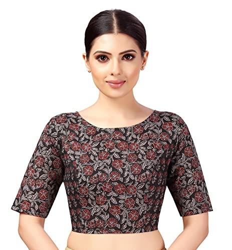 studio shringaar women's readymade cotton elbow length sleeves block printed boat neck saree blouse (black & maroon, 40)