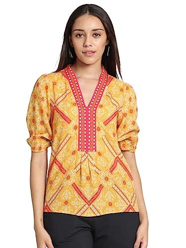 shaye mustard casual 3/4th sleeves v-neck printed top for women