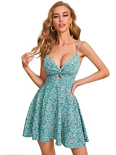 aahwan polyester mint blue twist peekaboo front tie back daisy floral print mini dress for women (196-rama-m)