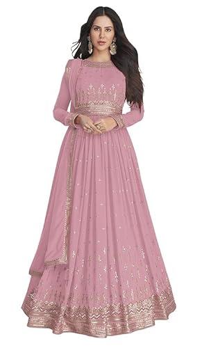 lavender pink georgette gown with dupatta set by omkar textile, ready to wear indian anarkali for wedding, evening or party, ethnic etc. (xx-large)