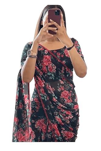 sidhidata women's georgette printed ready to wear one minute saree with unstitched blouse piece (floral black_floral blac_free size)