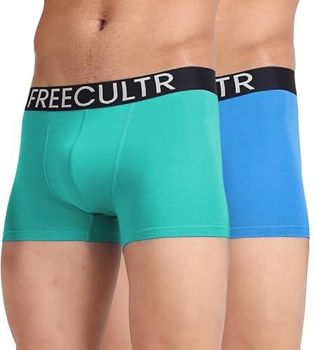 freecultr men's organic cotton underwear, ultrasoft waistband, premium snug-fit trunk - pack of 2 (xl - brilliant blue, holly green)