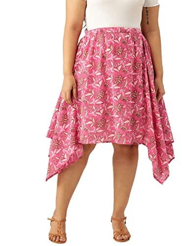 therebelinme plus size women's fuchsia floral print asymmetric a-line midi skirt(xxxxxl)