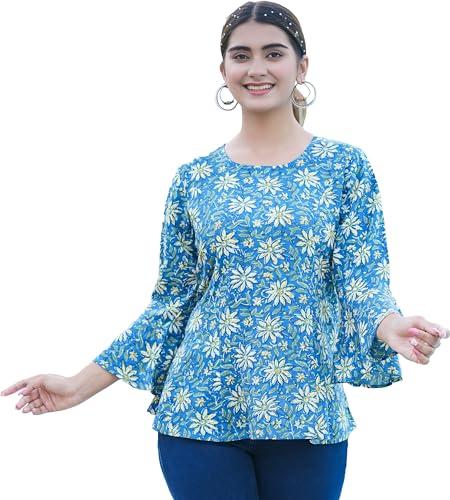 yash gallery women's rayon floral printed regular top (1584ykblue, xxl, blue)