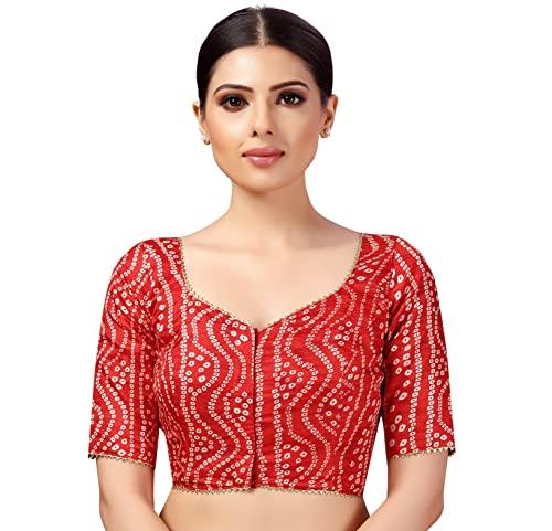 studio shringaar women's polyester elbow length sleeves bandhani print silky saree blouse(red, 44)