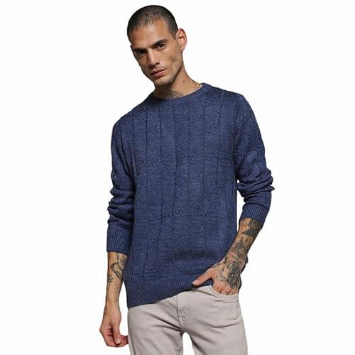 campus sutra men's blue textured knit pullover sweater for casual wear | crew neck | long sleeve | pull on closure | cotton sweater crafted with comfort fit for everyday wear