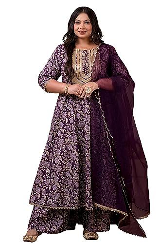 xl love - by janasya women's violet cotton floral printed kurta with palazzo and dupatta(pset786-kr-pp-5xl)