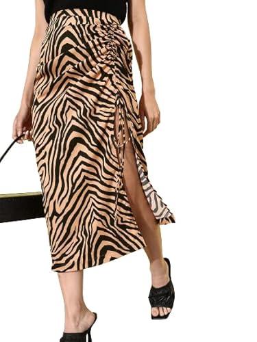 style quotient women brown black animal print ruched straight side-slit midi skirt