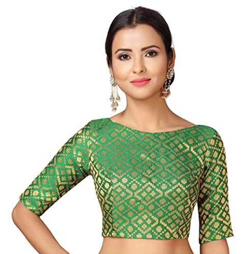 studio shringaar women's readymade brocade elbow length sleeves saree blouse (bottle green, 34)