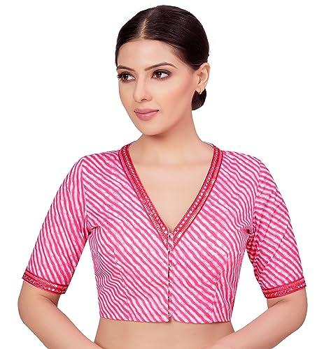 studio shringaar women's cotton printed readymade saree blouse with mirror work(pink, 42)