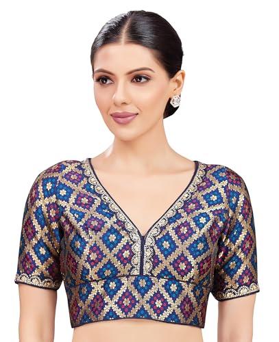 studio shringaar women's brocade readymade embroidered saree blouse (navy blue, 34)