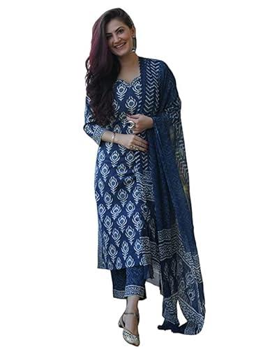 klosia women blue indigo printed kurta set with dupatta (medium)