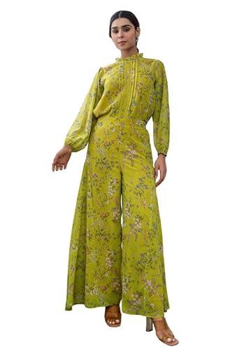 janasya women's lime green georgette floral regular co-ord set(set942-co-ord-xs)