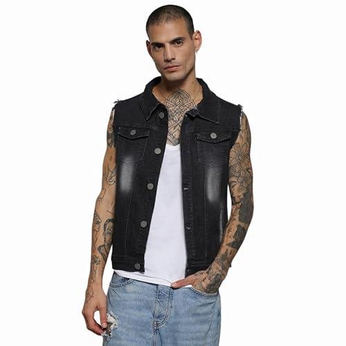 campus sutra men's black dark-wash denim jacket with flap pocket for casual wear | spread collar | sleeveless | button closure | cotton jacket crafted with comfort fit for everyday wear