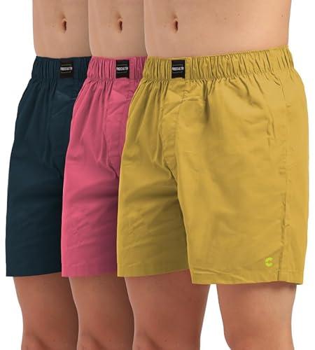 freecultr regular fit ultralight all day boxer shorts for men | 100% cotton fabric, dual deep side pocket, microfibre waistband size l pack of 3-yellow,malibu peach,hawaiian blue