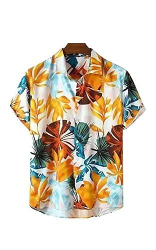 leriya fashion shirt for men | tropical leaf printed rayon shirts for men | preppy short sleeves | spread collared neck | perfect for outing | beach | camp wear shirt for boys (lf-ms-6048-l-orange)