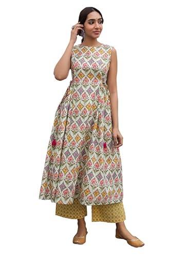 janasya women's light green cotton ethnic motif side pleated kurta set (jaa24st00260-xxl)