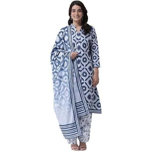 hangup women's a-line printed kurta set, color blue,size s (x33_3pc_kurtaset)