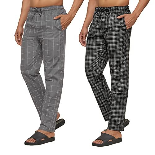 xyxx men's super combed cotton checkered checkmate pyjamas [pack of 2] elasticated waist, drawstring | loungewear for men in black, grey checks