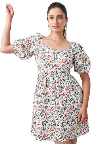 selvia western dress for women| floral printed short sleeve crepe western dress for women | sweetheart neck a-line dress for women | one piece dress for women (644dtk655n-m_white & multi)