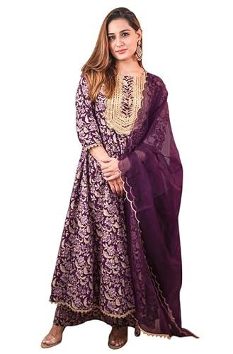 janasya women's violet cotton floral printed kurta with palazzo and dupatta(set786-kr-pp-r-xl)