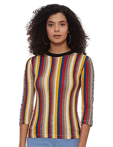 pepe jeans women's striped regular fit t-shirt (pl504390_mustard small)