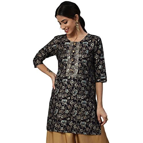 anubhutee women's rayon navy blue gota patti ethnic motifs printed straight kurti