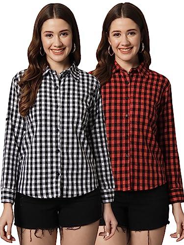 funday fashion women regular fit checkered spread collar casual shirt (pack of 2) (medium, black,white & red,white)