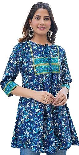 yash gallery women's polyester floral placement printed 3/4 sleeve keyhole neck short kurti (blue, xl)