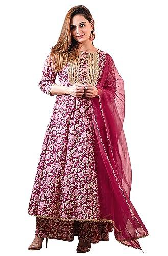 janasya women's pink cotton foil floral printed kurta with palazzo and dupatta(set832-kr-pp-r-7xl)