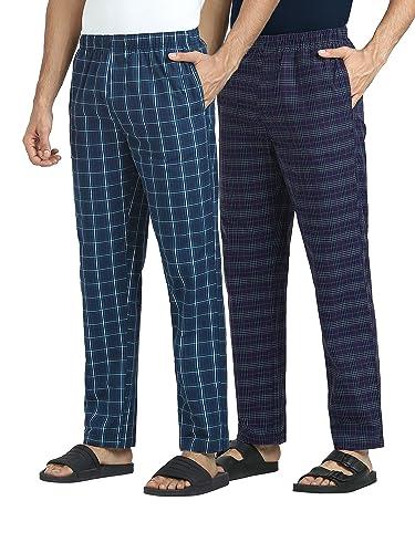 xyxx men combed cotton casual style pyjama, regular fit, checkmate, pack of 2, xypyjm2pckn92l, vivid blue + storm blue, l