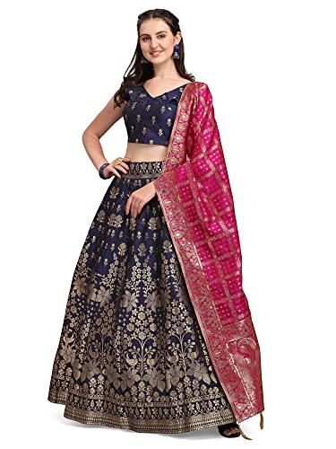 purvaja women's silk blend semi-stitched lehenga choli (morni-navy blue free size)