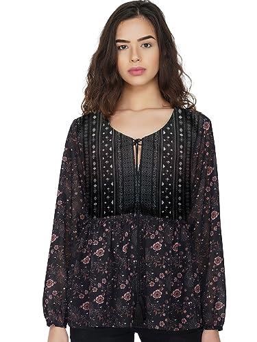 shaye black party full sleeves scoop neck floral printed georgette top for women