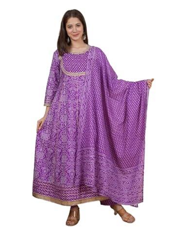 meera fab women's cotton printed bandej anarkali kurta with palazzo & dupatta set with handwork, lavender, 2xl