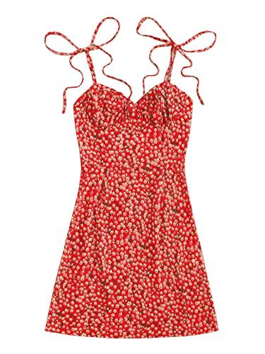 aahwan red knotted shoulder ruched bust ditsy floral printed cami mini dress for women's & girls' (197-red-l)