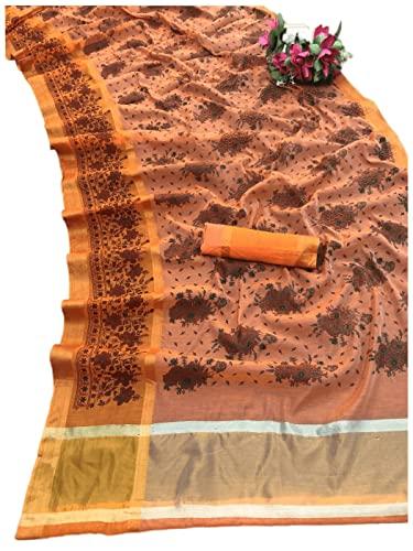 sidhidata women's printed cotton linen saree with unstitched blouse piece (chamgadar-orange_orange_free size)