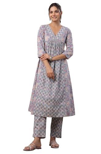 janasya women's light blue cotton floral panelled kurta set (jaa24st00029-xl)