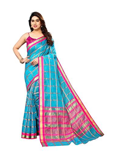 sidhidata women's kota doria cotton checks saree with unstitched blouse piece (selfiee sky blue_sky blue_free size)