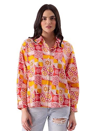 the souled store tss : abstract petals women and girls regular fit full sleeves cotton shirt (225437_orange) shirts casual button-down half sleeve printed graphic short sleeve casual workwear