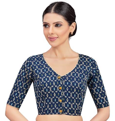 studio shringaar women's readymade cotton ikat printed saree blouse with elbow length sleeves (midnight blue, 38)