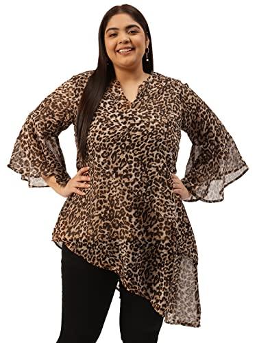 therebelinme plus size women's beige & coffee brown animal print longline asymmetric georgette top(xl)