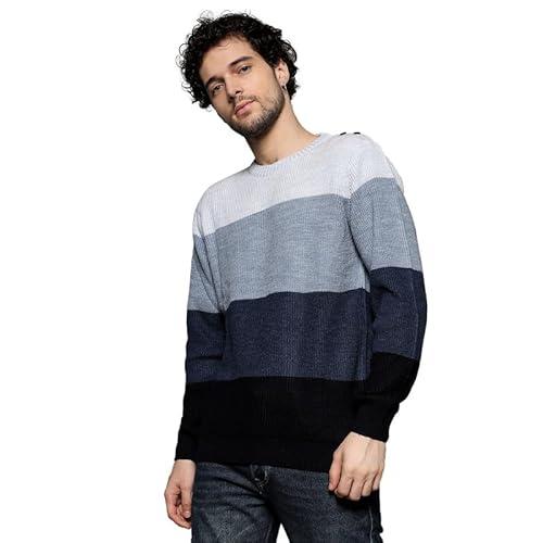 campus sutra men's navy blue & icy blue contrast panel sweater for casual wear | crew neck | long sleeve | pull on closure | sweater crafted with comfort fit for everyday wear