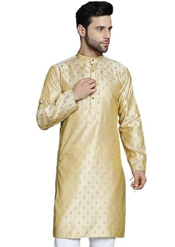 jompers men's golden woven design silk blend kurtas (golden, l)