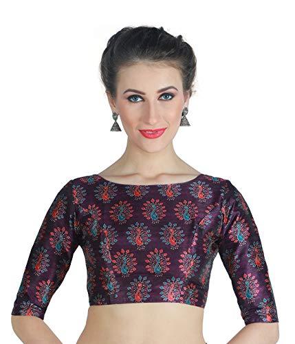 studio shringaar women's readymade peacock print polyester elbow length sleeves saree blouse (wine, 34)