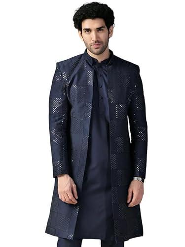 kisah men's indo-western sherwani, blue viscose rayon, embellished regular fit mandarin collar long sleeves (40)