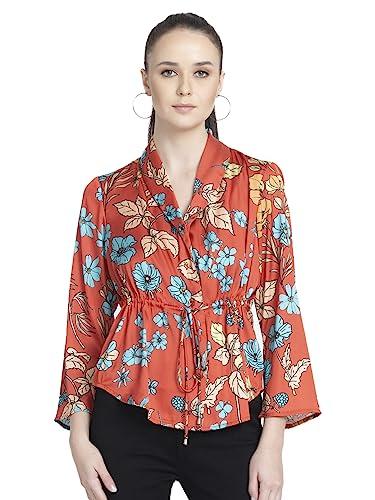 shaye red casual 3/4th sleeves v-neck printed top for women